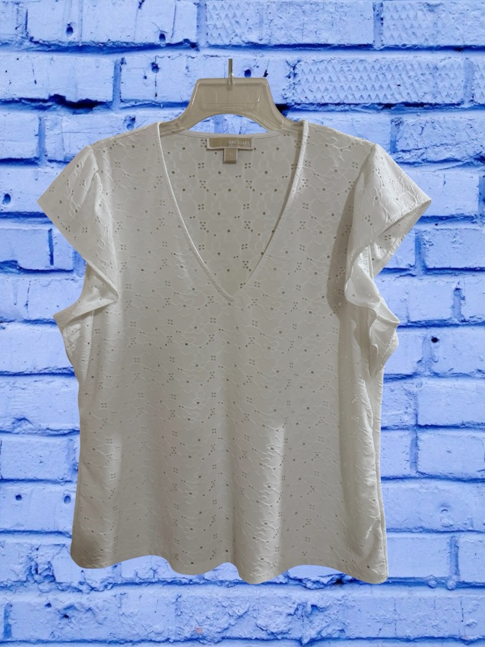 Michael Kors Eyelet V-Neck Flutter Sleeve Top - White size XL